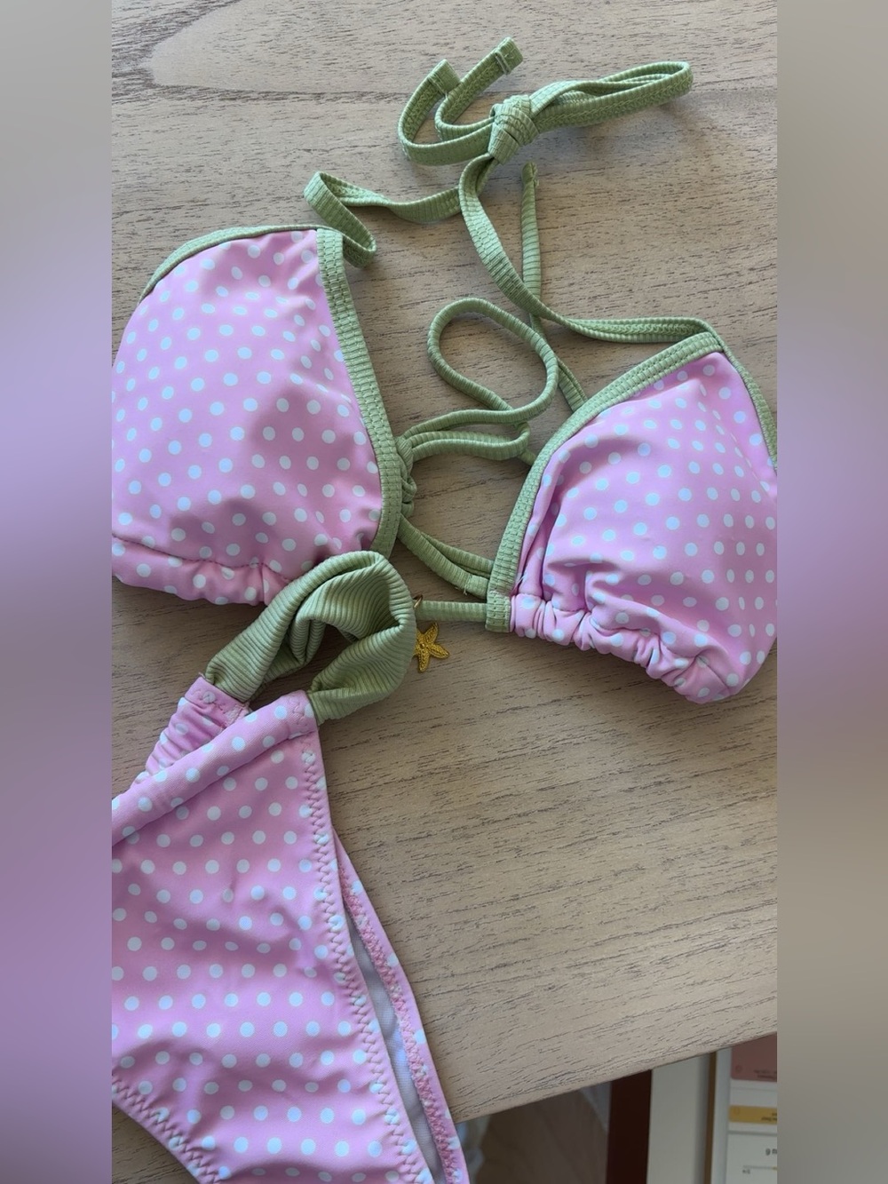 Pink Polka Dot Bikini Bottom with Sage Green Trim and starfish gem. W (0/2)